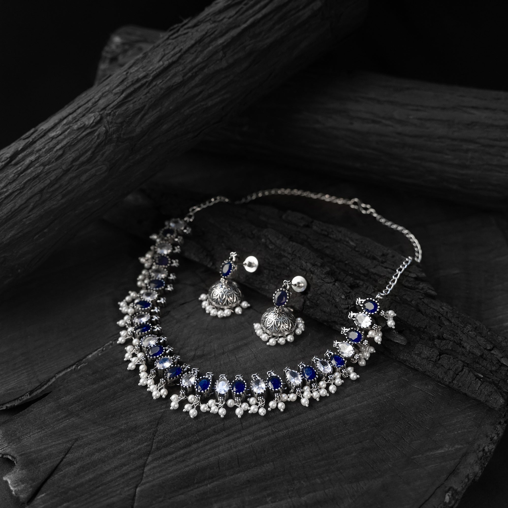 Saanjh Bela Blue Oval Oxidised Necklace Set