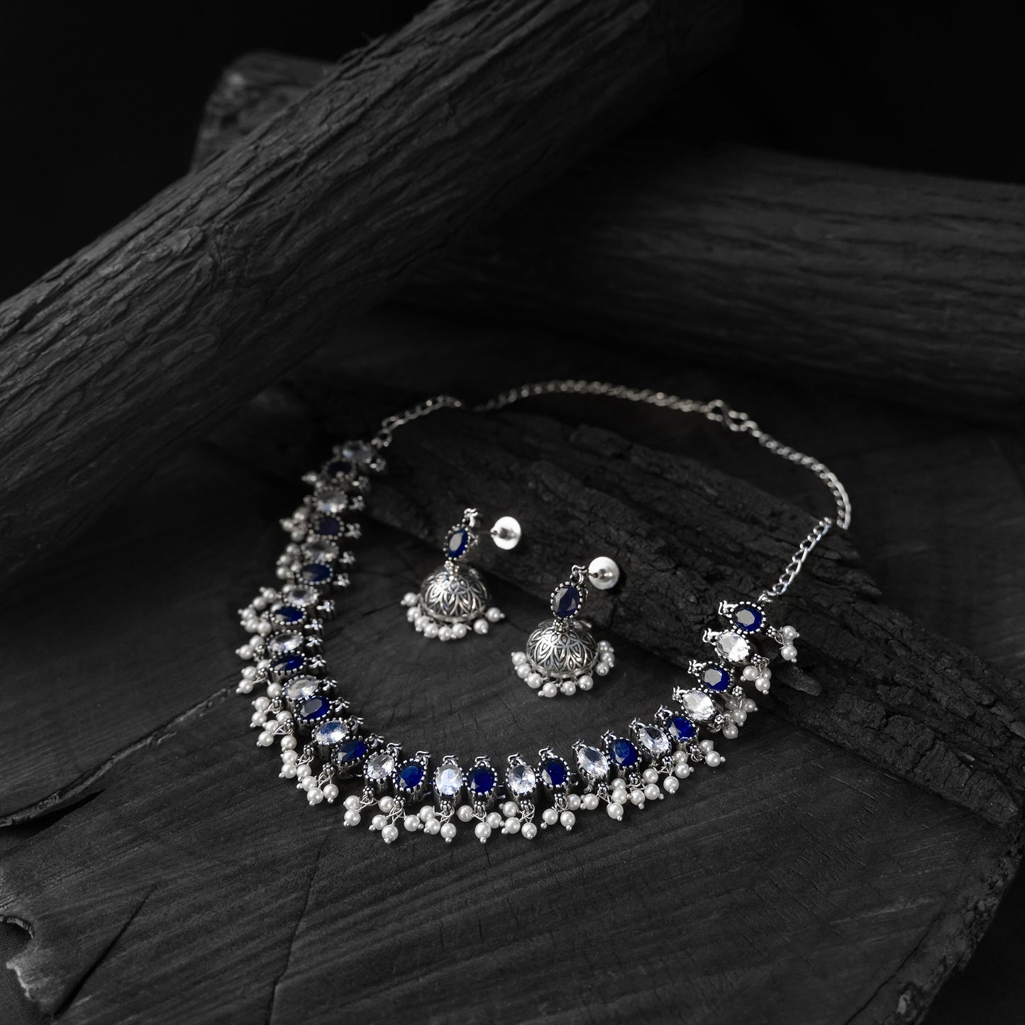 Saanjh Bela Blue Oval Oxidised Necklace Set