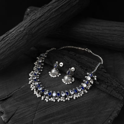 Saanjh Bela Blue Oval Oxidised Necklace Set