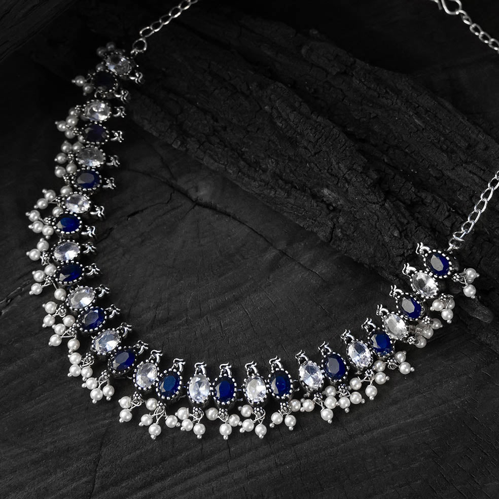 Saanjh Bela Blue Oval Oxidised Necklace Set