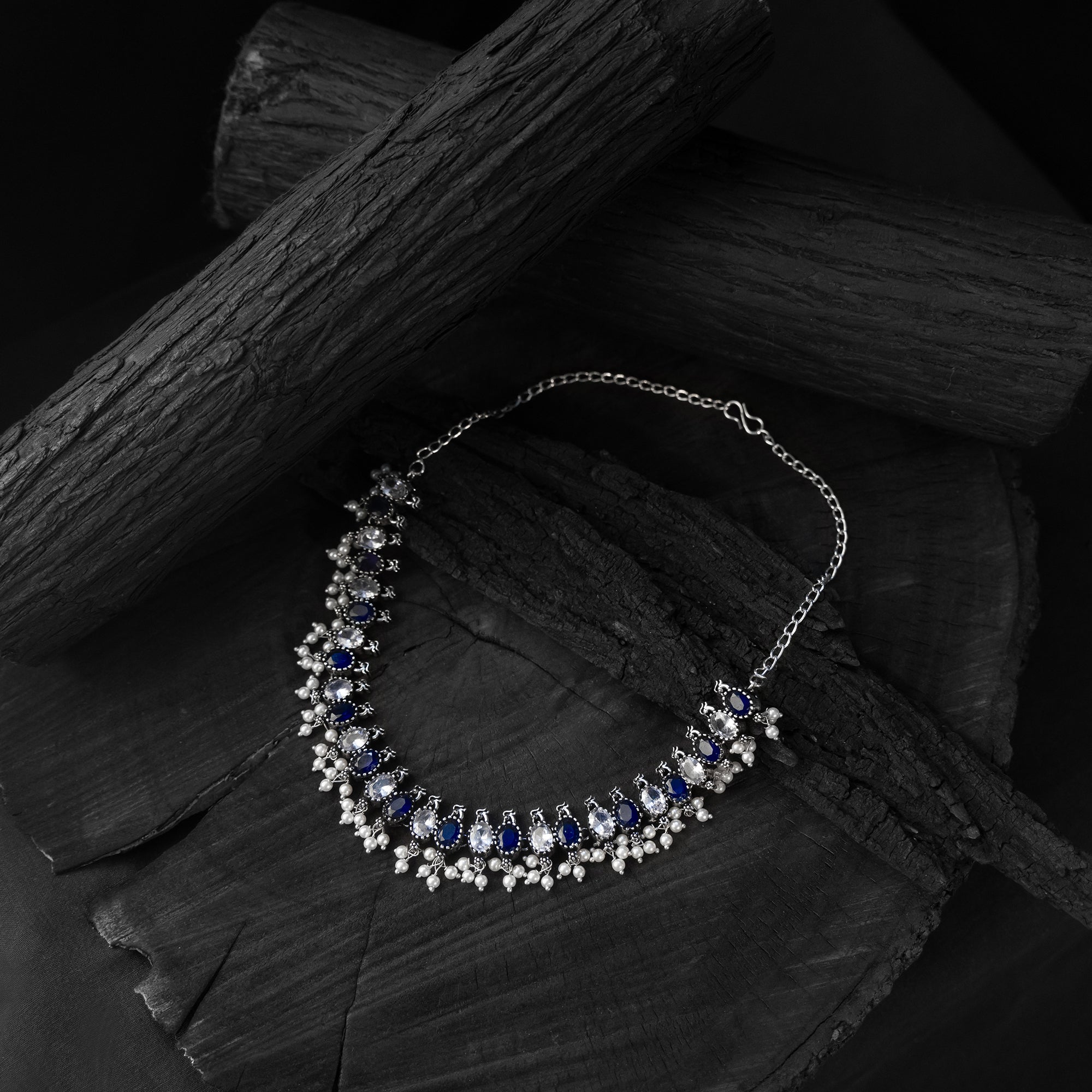 Saanjh Bela Blue Oval Oxidised Necklace Set