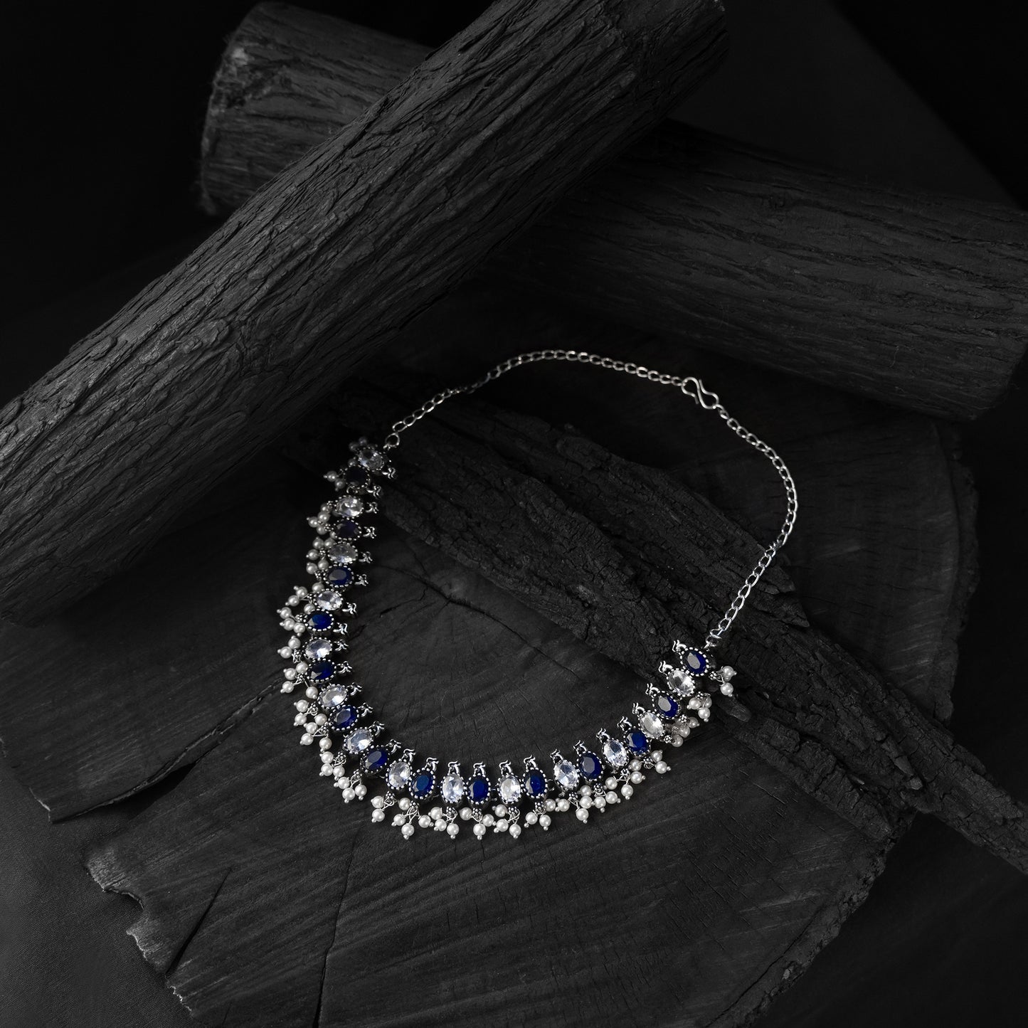Saanjh Bela Blue Oval Oxidised Necklace Set