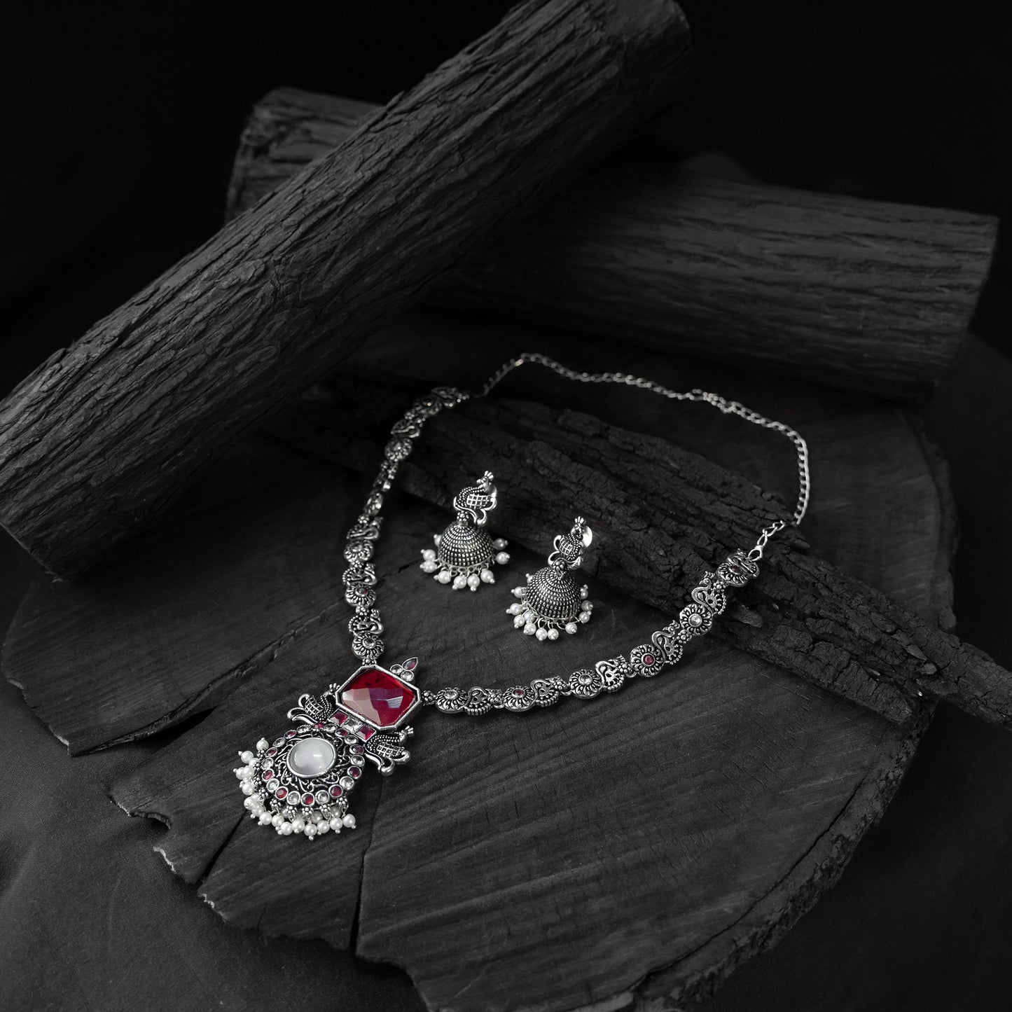 Saanjh Bela Ruby Peacock Oxidised Necklace Set
