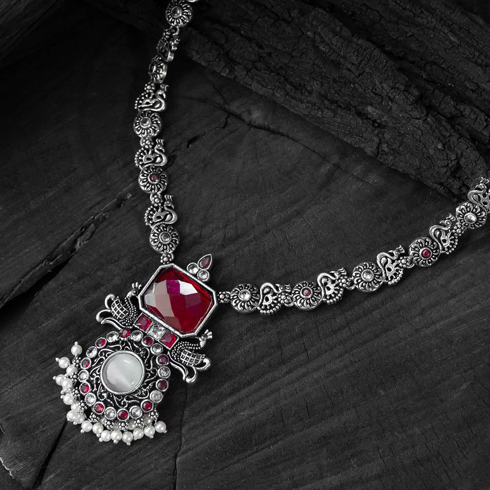 Saanjh Bela Ruby Peacock Oxidised Necklace Set