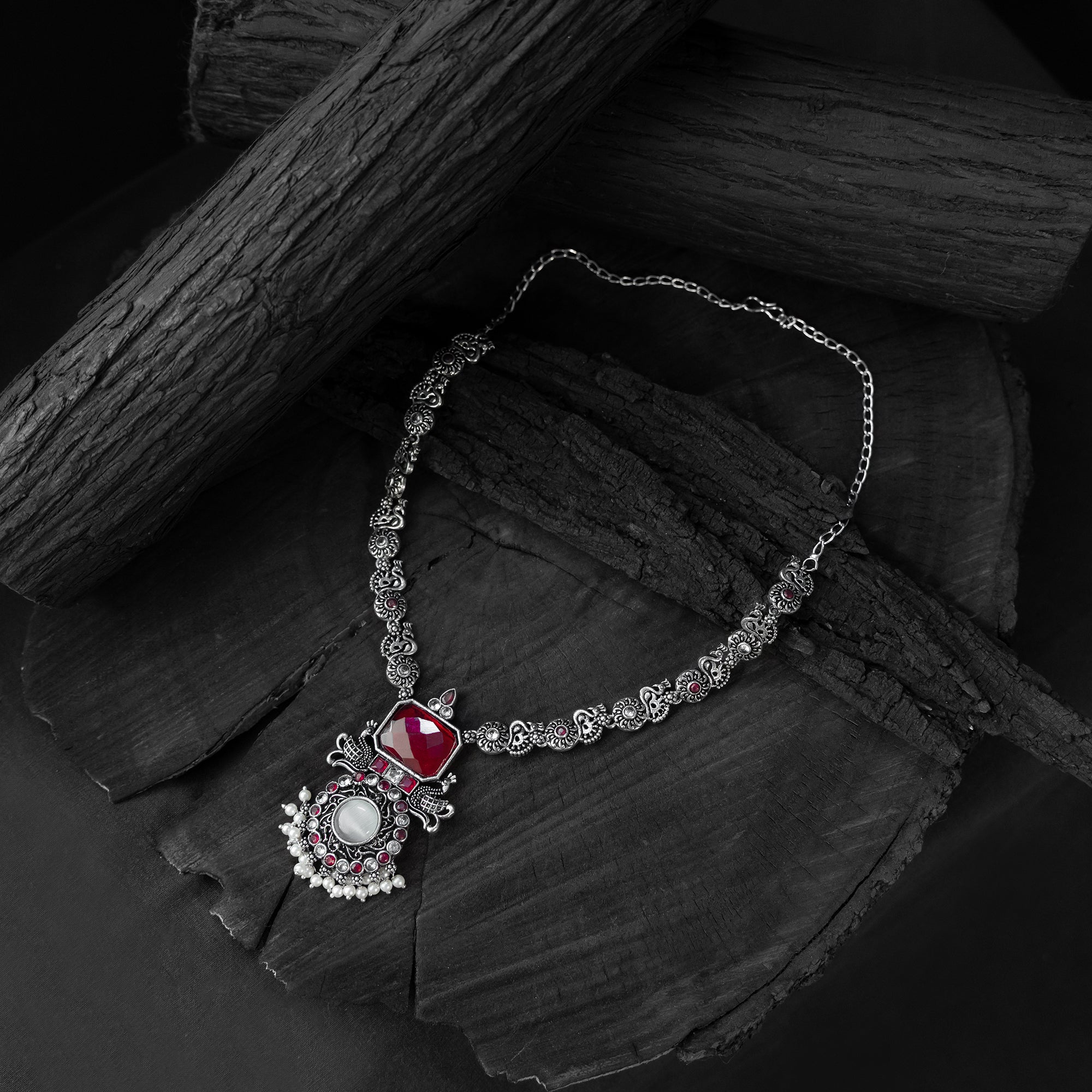 Saanjh Bela Ruby Peacock Oxidised Necklace Set