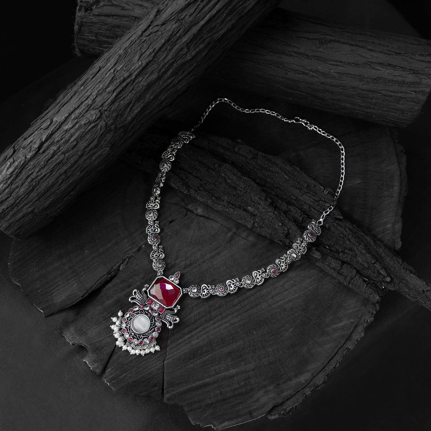 Saanjh Bela Ruby Peacock Oxidised Necklace Set