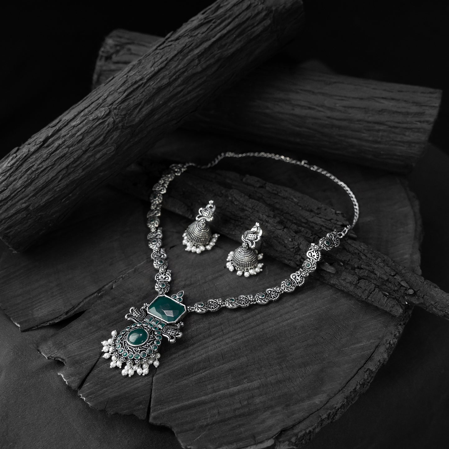 Saanjh Bela Green Peacock Oxidised Necklace Set