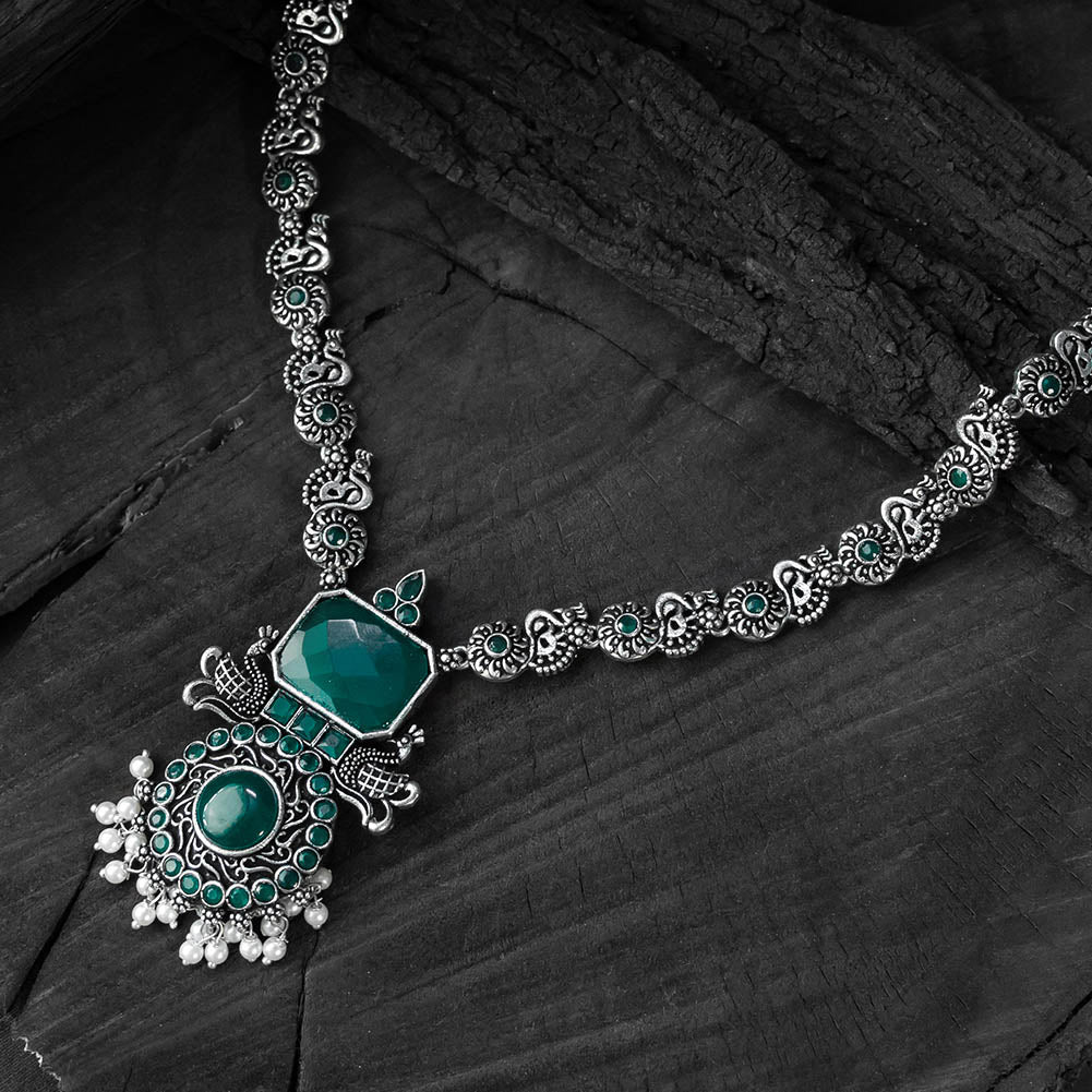 Saanjh Bela Green Peacock Oxidised Necklace Set