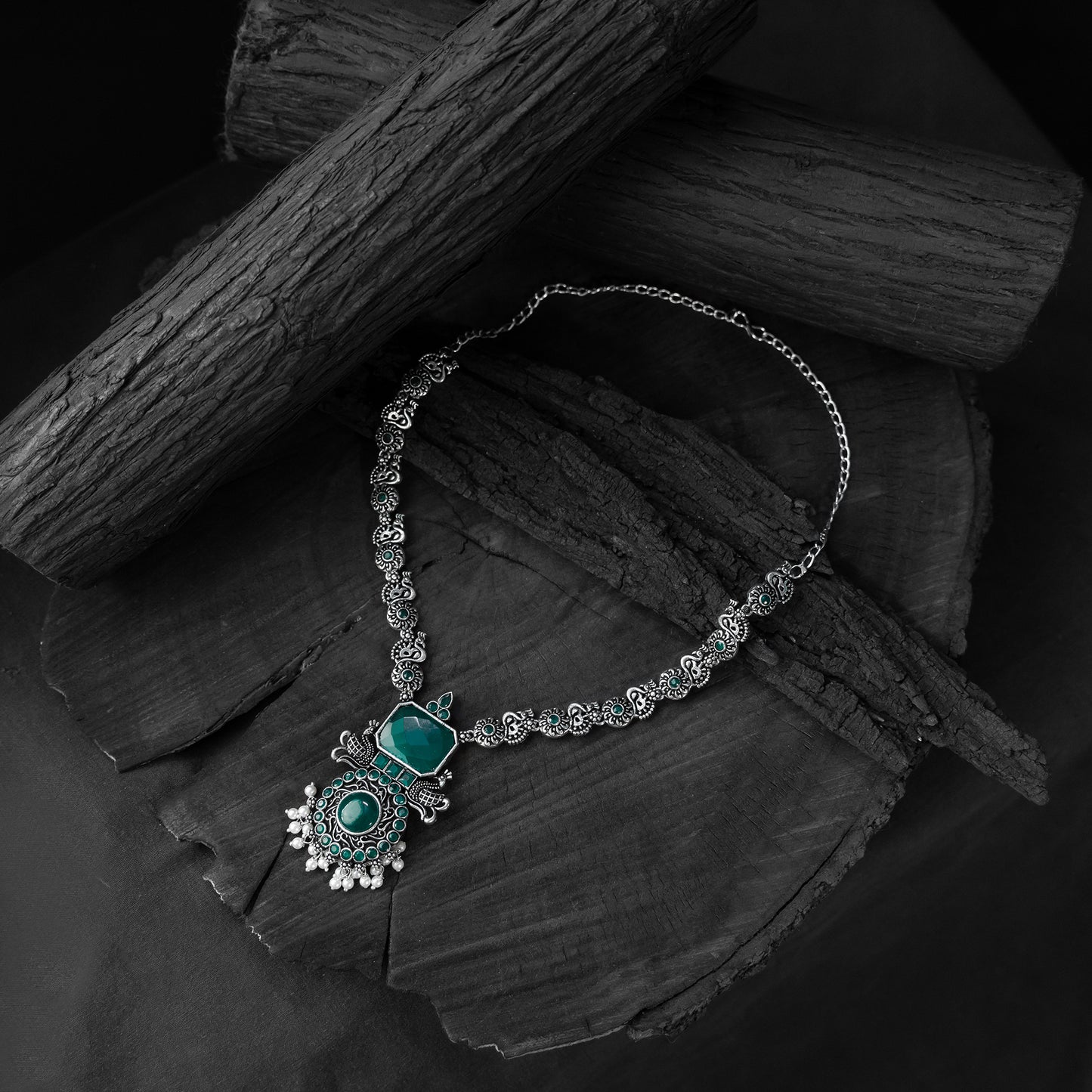 Saanjh Bela Green Peacock Oxidised Necklace Set
