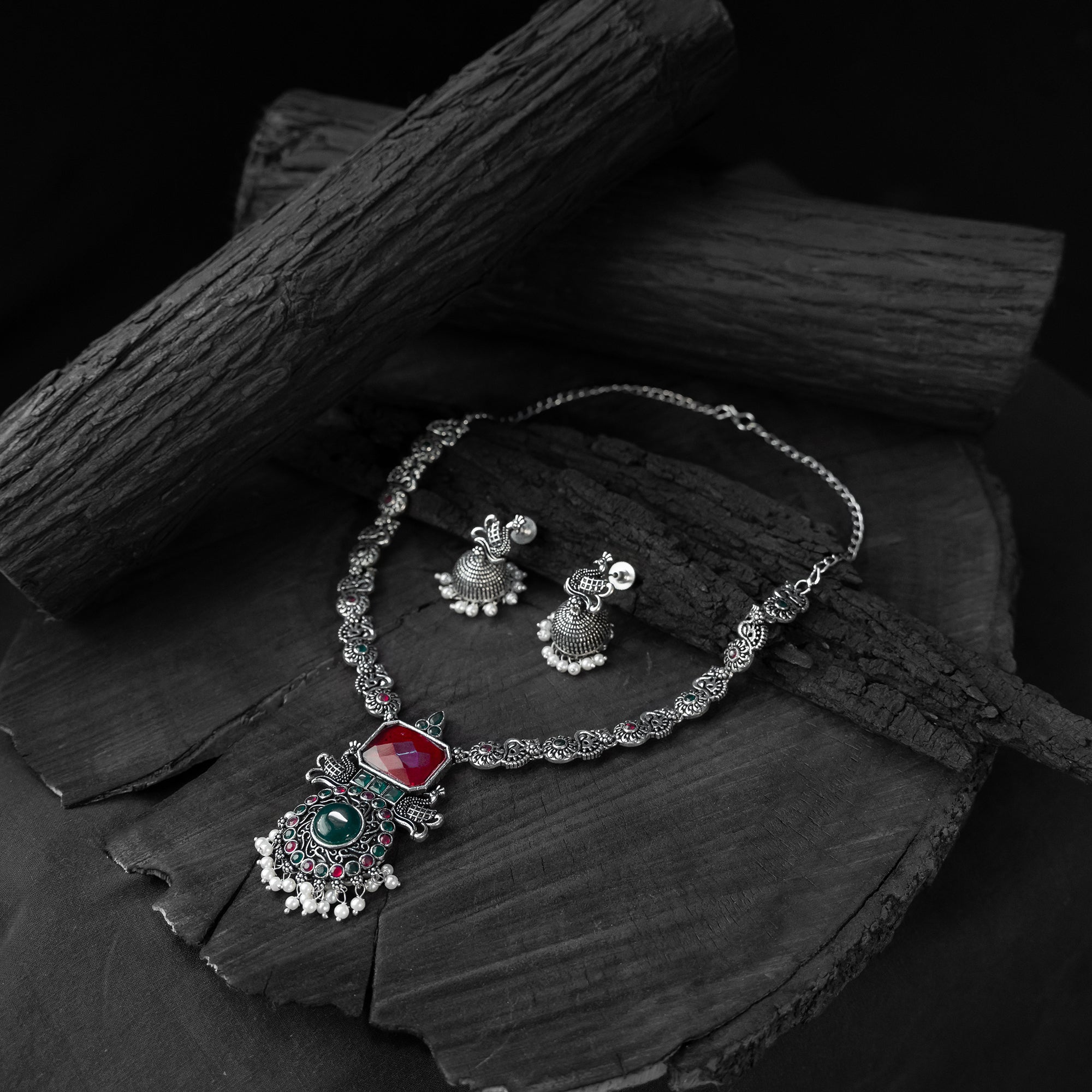 Saanjh Bela Ruby & Green Peacock Oxidised Necklace Set