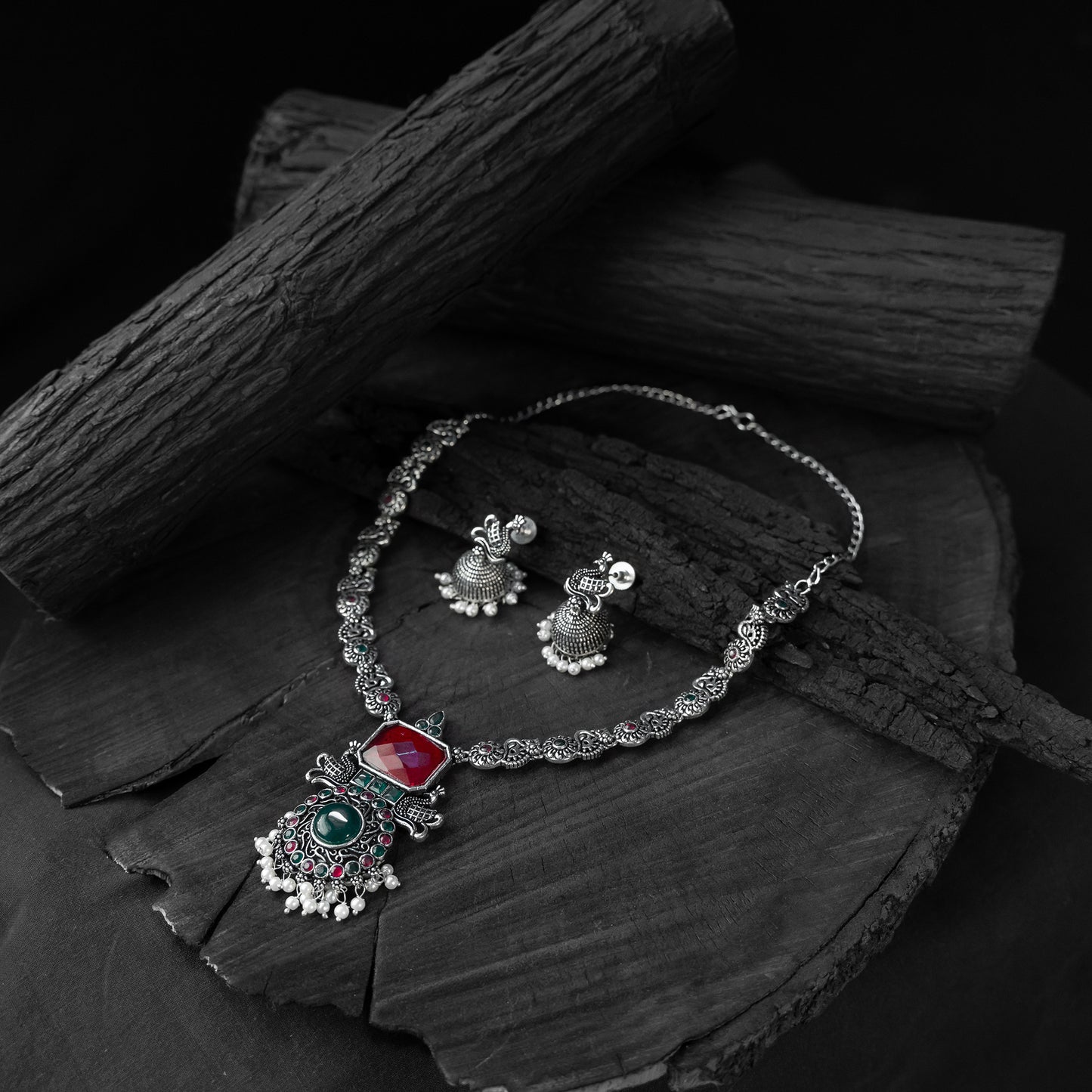Saanjh Bela Ruby & Green Peacock Oxidised Necklace Set