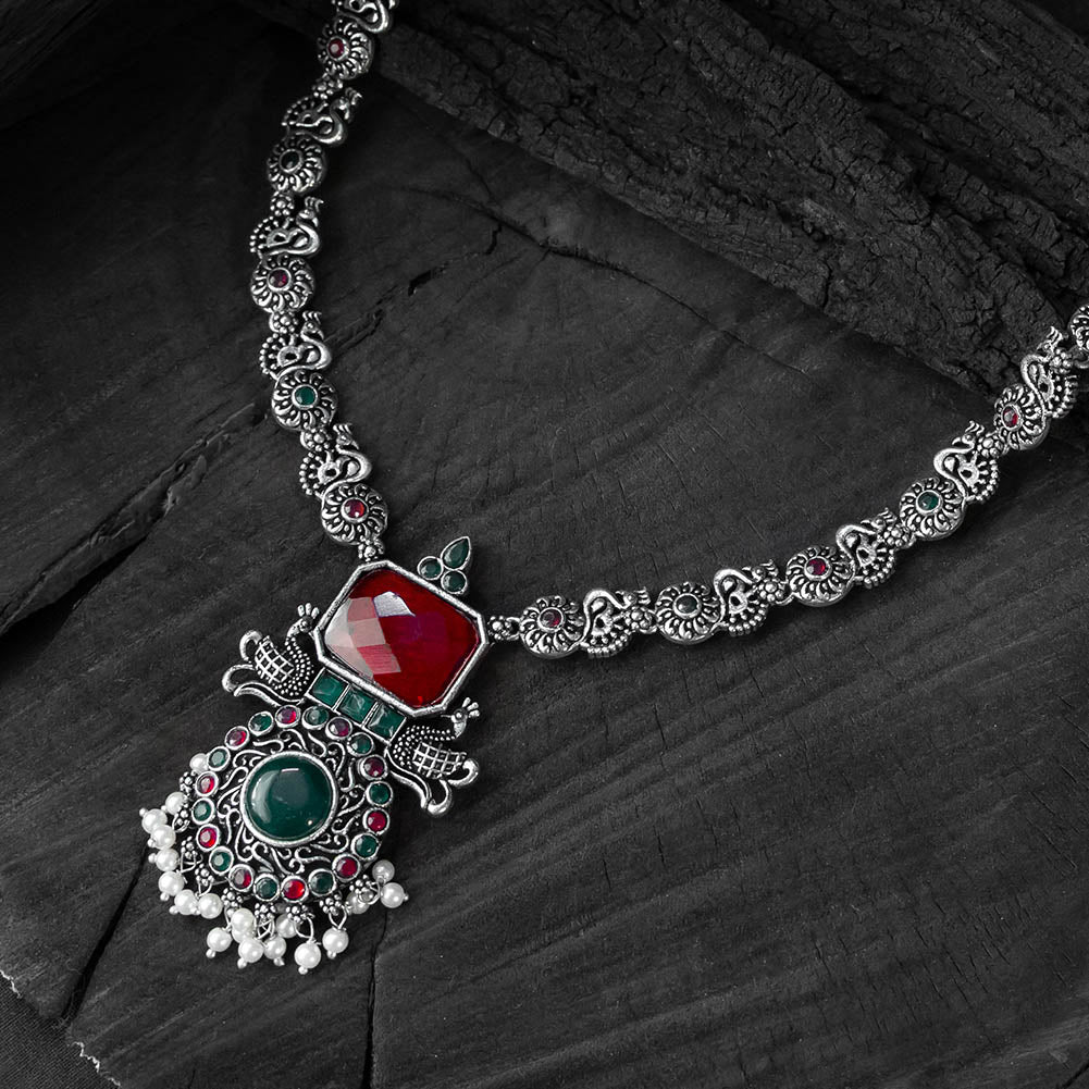 Saanjh Bela Ruby & Green Peacock Oxidised Necklace Set