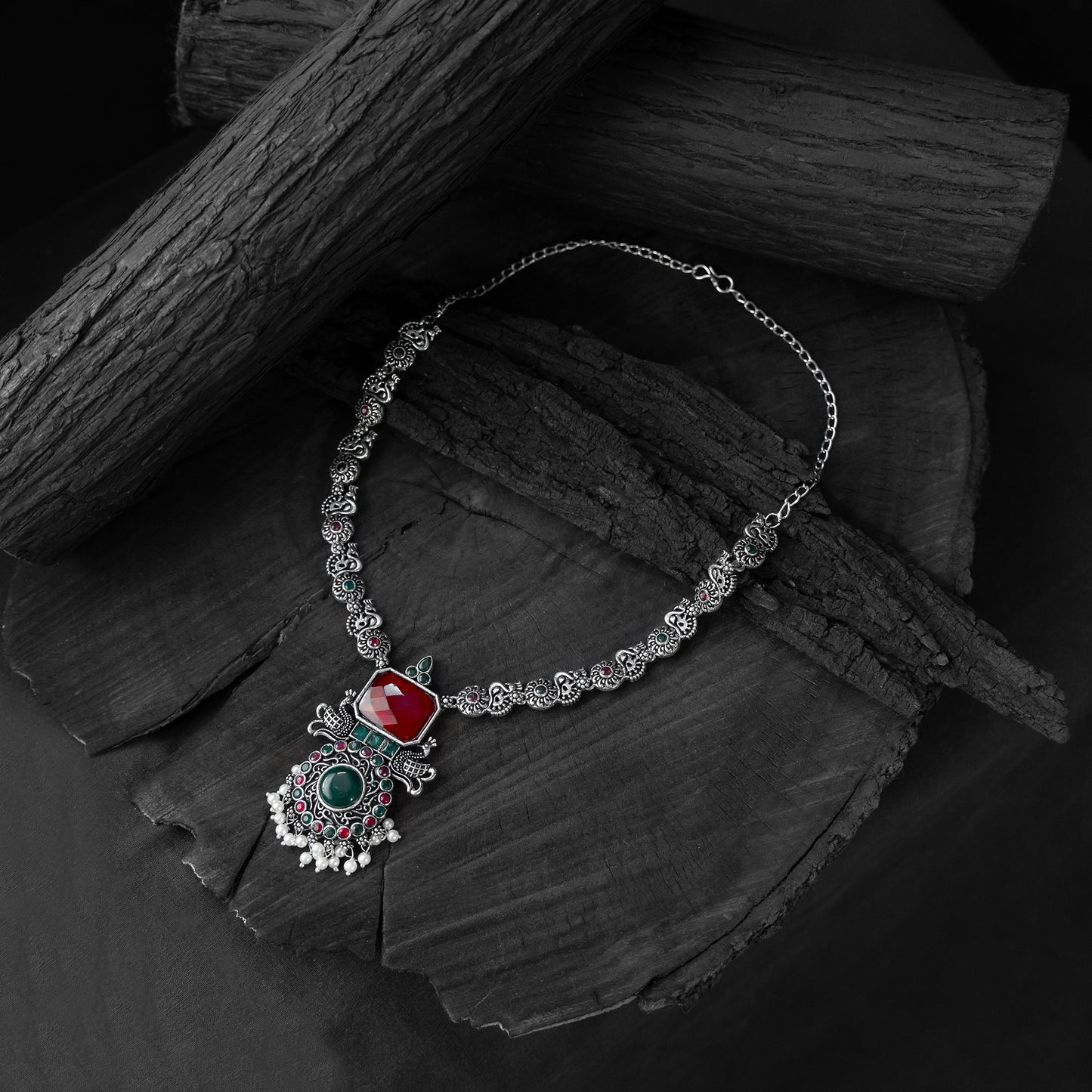 Saanjh Bela Ruby & Green Peacock Oxidised Necklace Set