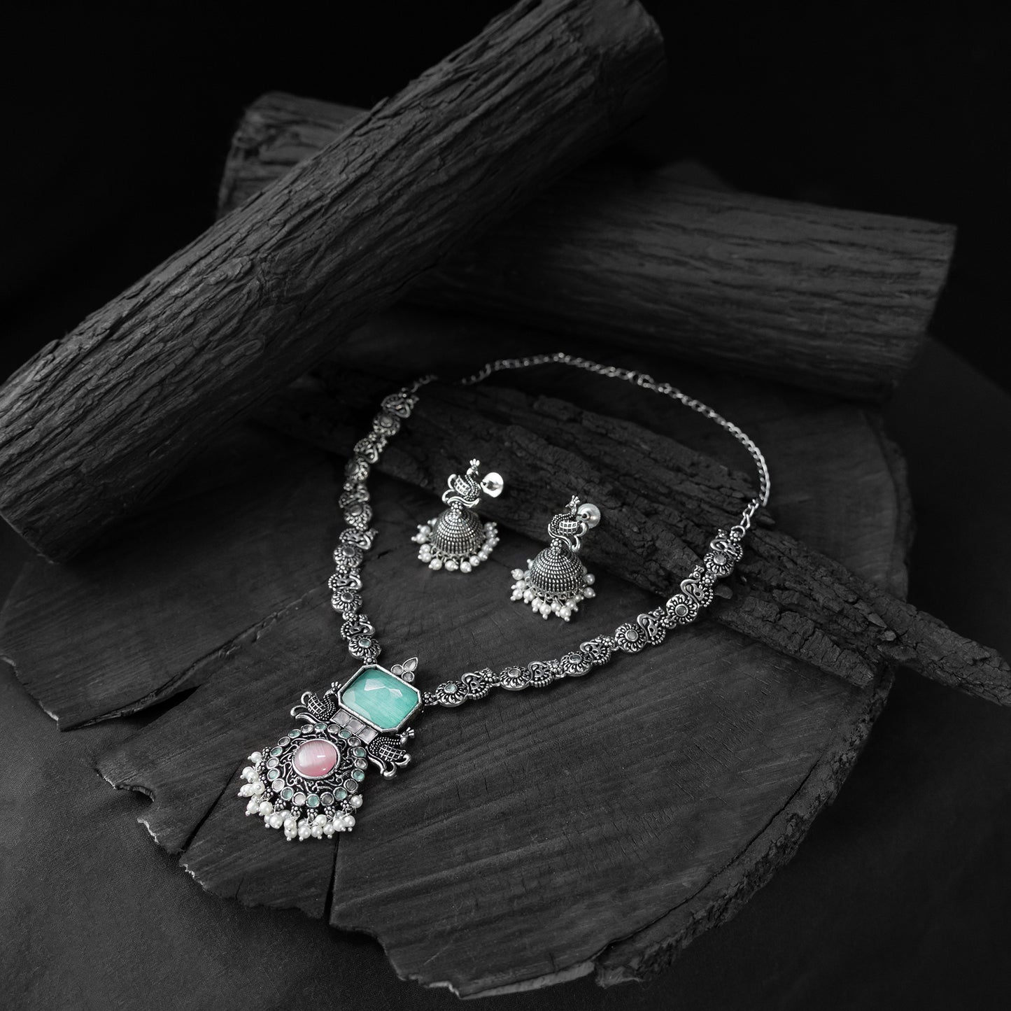 Saanjh Bela Pink & Sea Green Peacock Oxidised Necklace Set