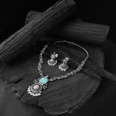 Saanjh Bela Pink & Sea Green Peacock Oxidised Necklace Set