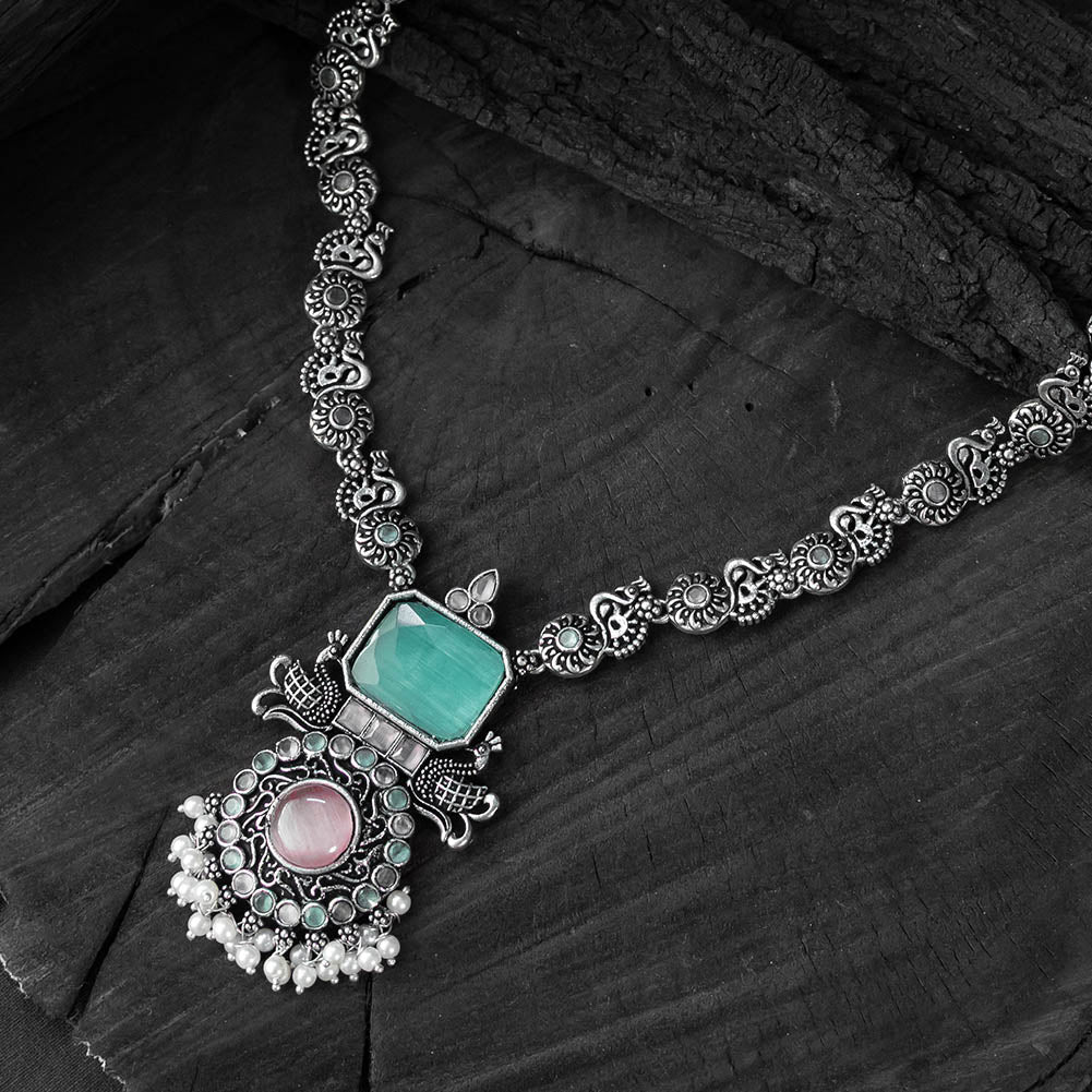 Saanjh Bela Pink & Sea Green Peacock Oxidised Necklace Set