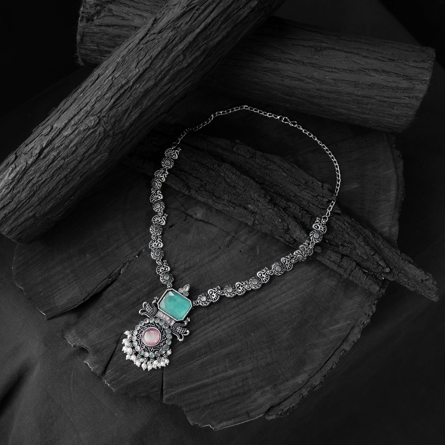 Saanjh Bela Pink & Sea Green Peacock Oxidised Necklace Set
