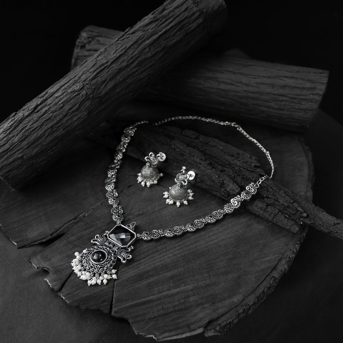 Saanjh Bela Black Peacock Oxidised Necklace Set