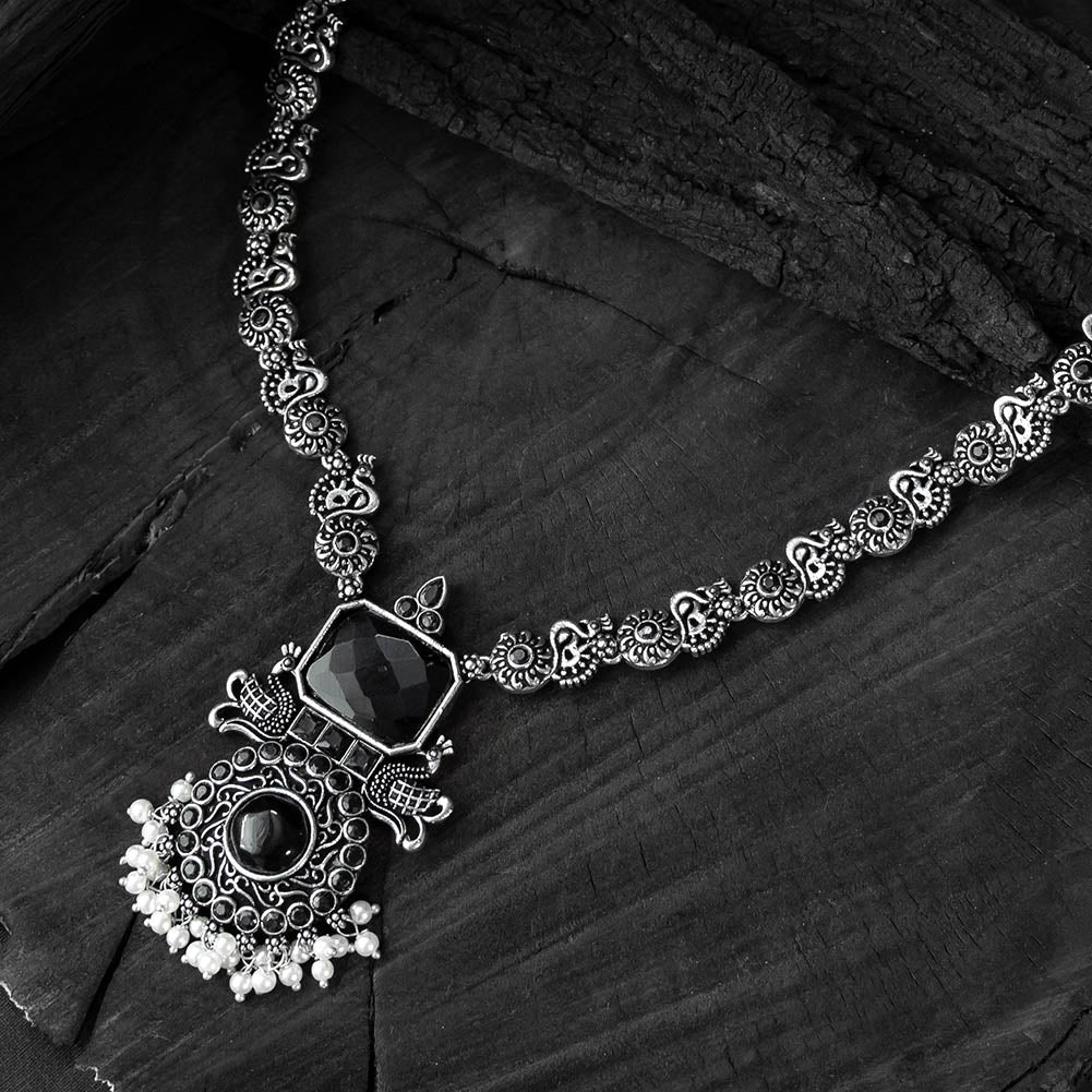 Saanjh Bela Black Peacock Oxidised Necklace Set