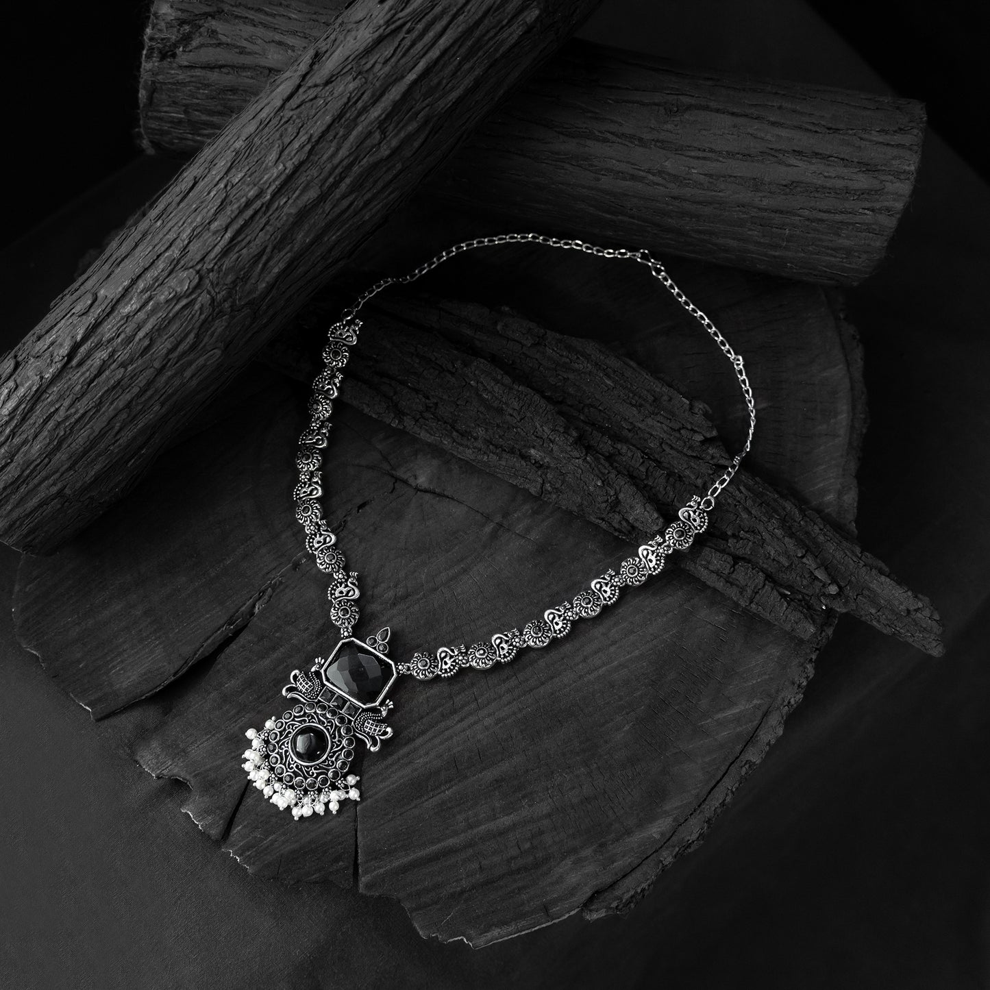 Saanjh Bela Black Peacock Oxidised Necklace Set