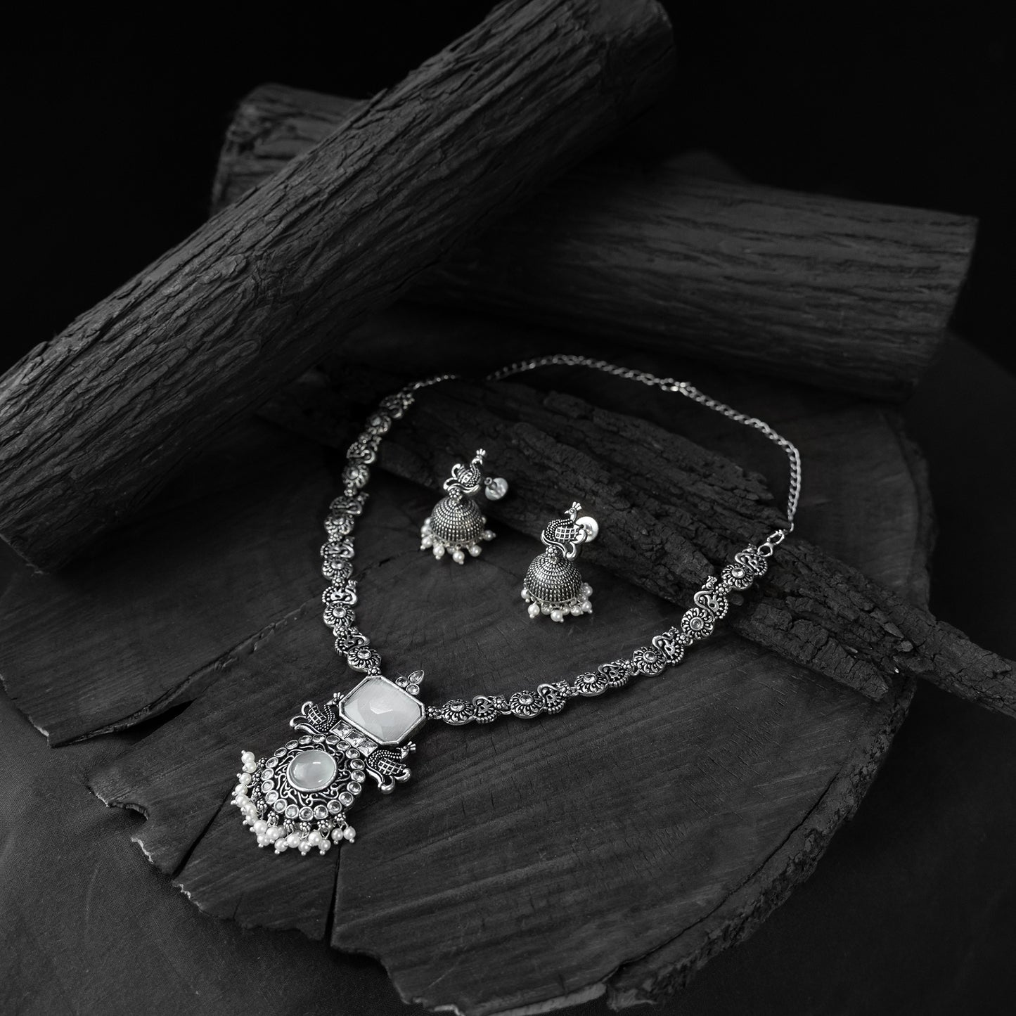 Saanjh Bela Light Grey Peacock Oxidised Necklace Set