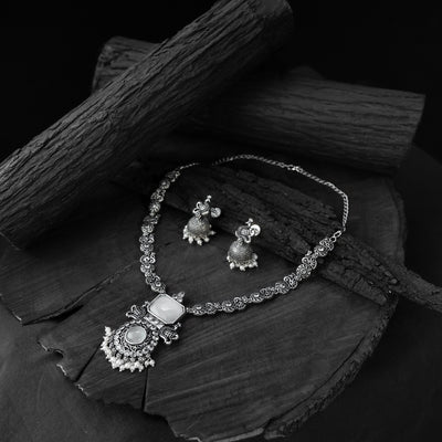 Saanjh Bela Light Grey Peacock Oxidised Necklace Set
