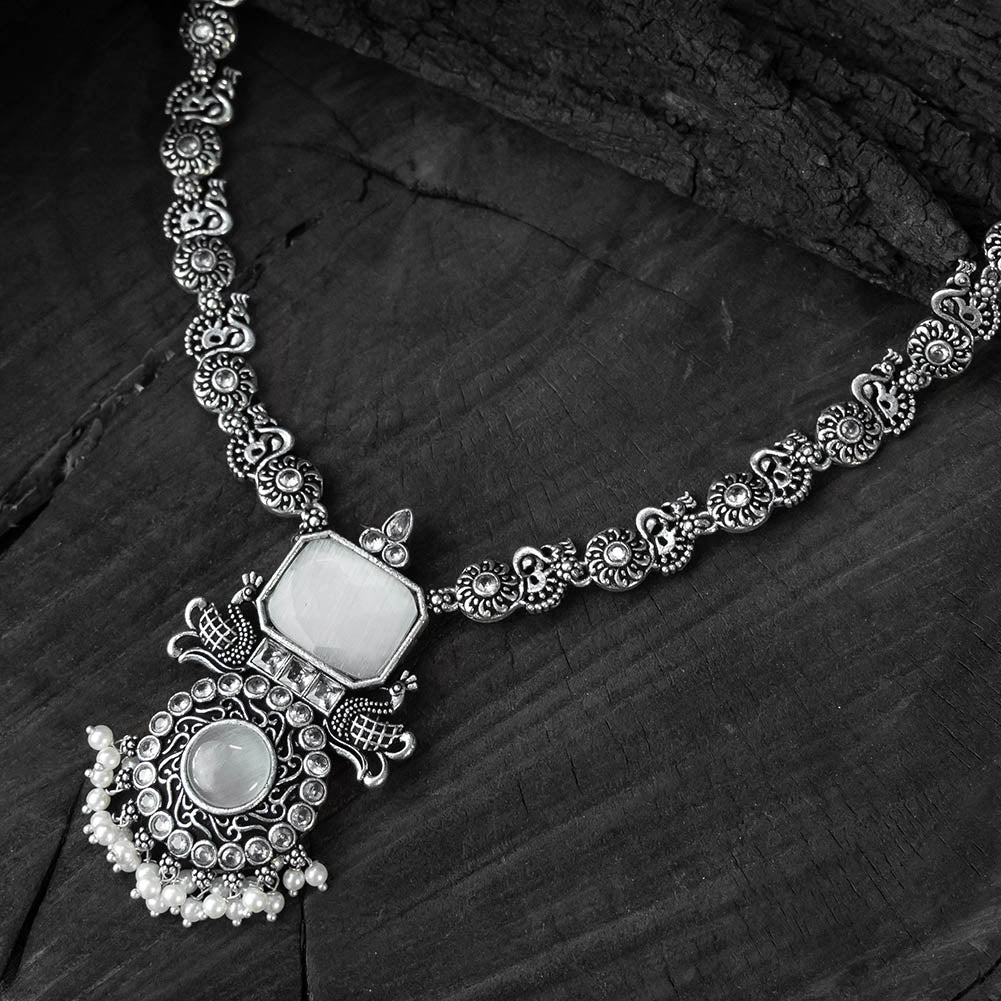 Saanjh Bela Light Grey Peacock Oxidised Necklace Set