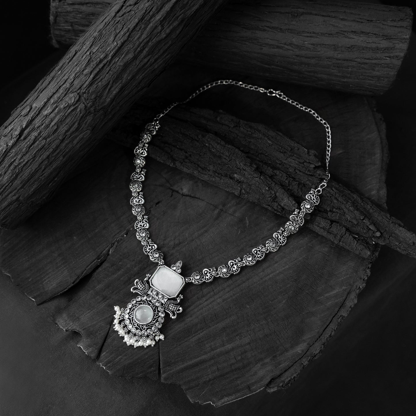 Saanjh Bela Light Grey Peacock Oxidised Necklace Set