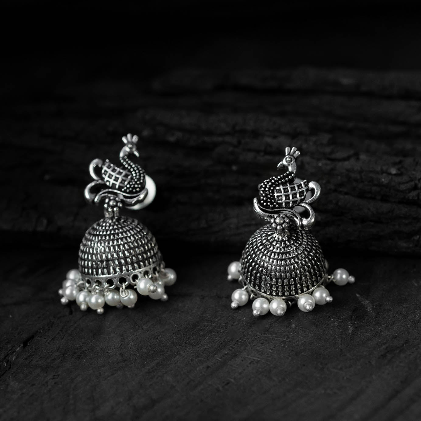 Saanjh Bela Light Grey Peacock Oxidised Necklace Set