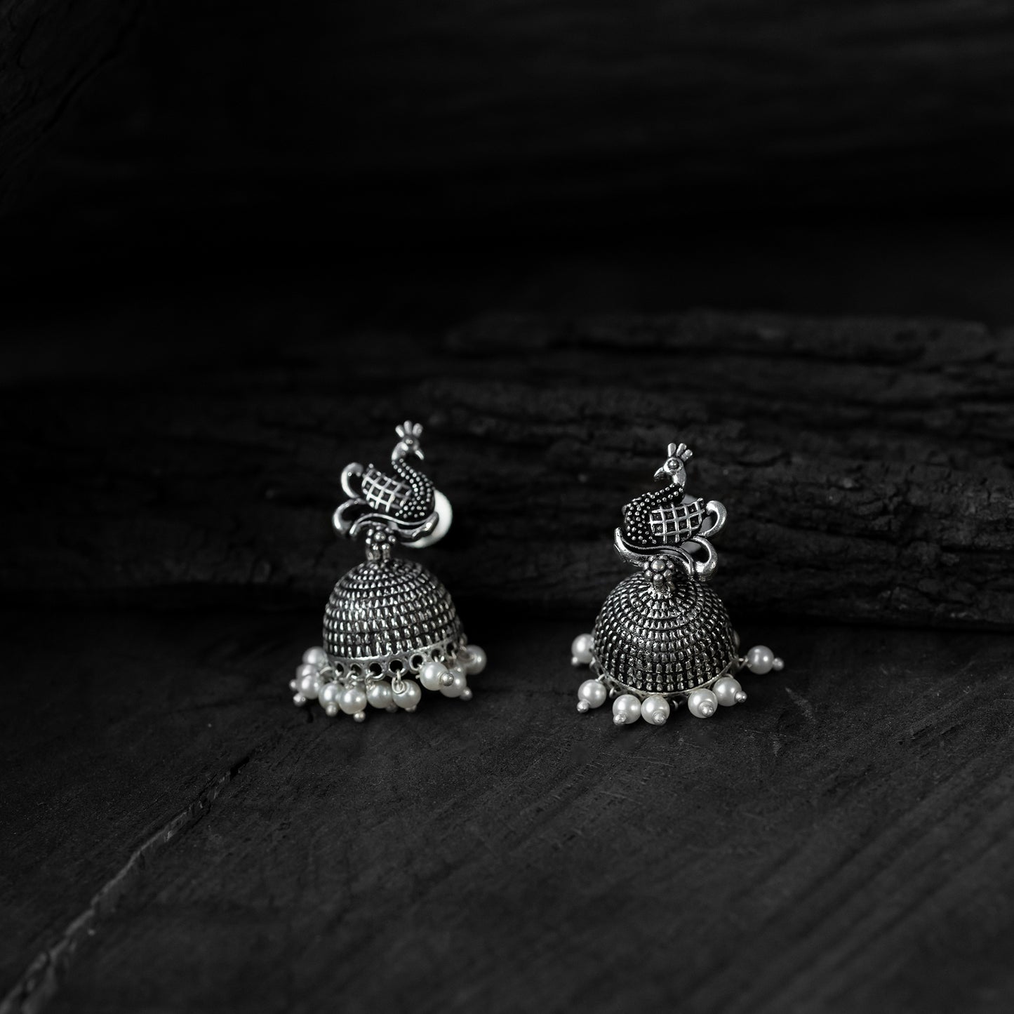Saanjh Bela Light Grey Peacock Oxidised Necklace Set