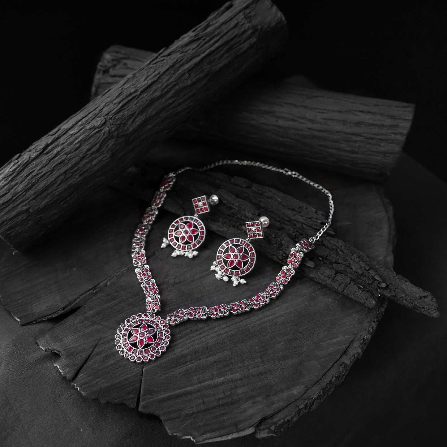 Saanjh Bela Ruby Lotus Oxidised Necklace Set