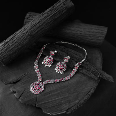 Saanjh Bela Ruby Lotus Oxidised Necklace Set