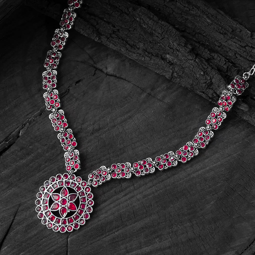 Saanjh Bela Ruby Lotus Oxidised Necklace Set