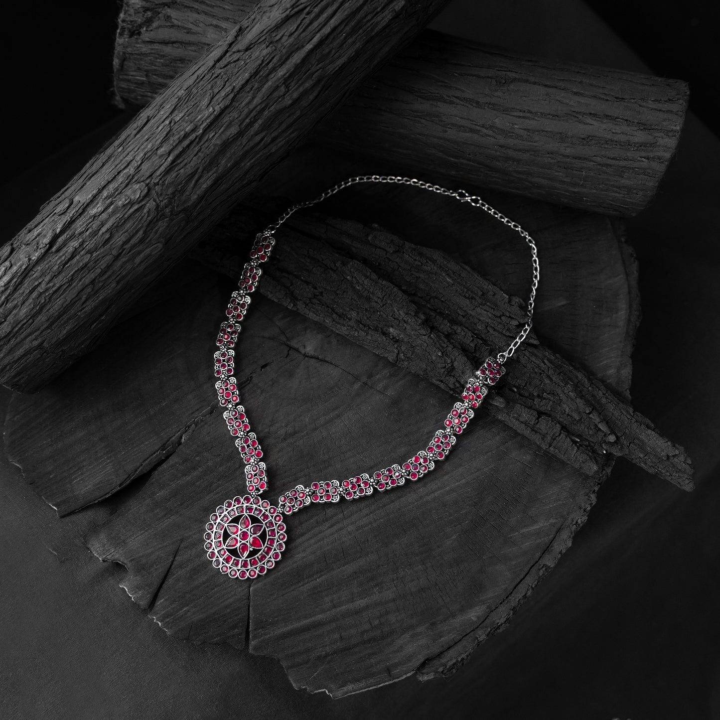 Saanjh Bela Ruby Lotus Oxidised Necklace Set