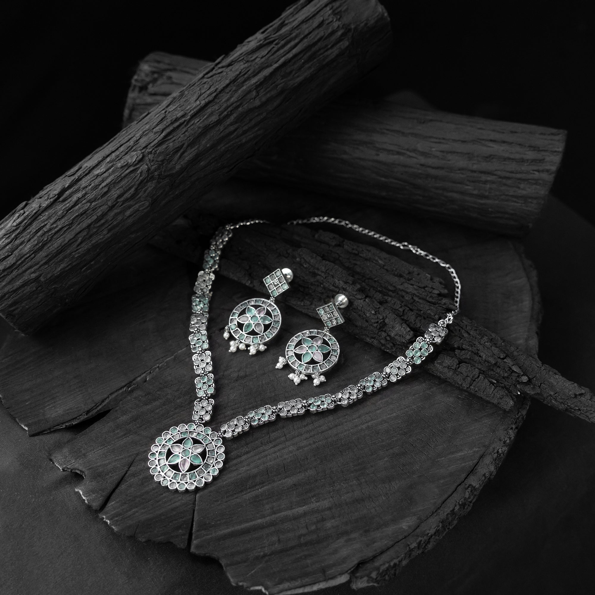 Saanjh Bela Green & Pink Lotus Oxidised Necklace Set