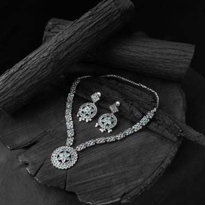 Saanjh Bela Green & Pink Lotus Oxidised Necklace Set