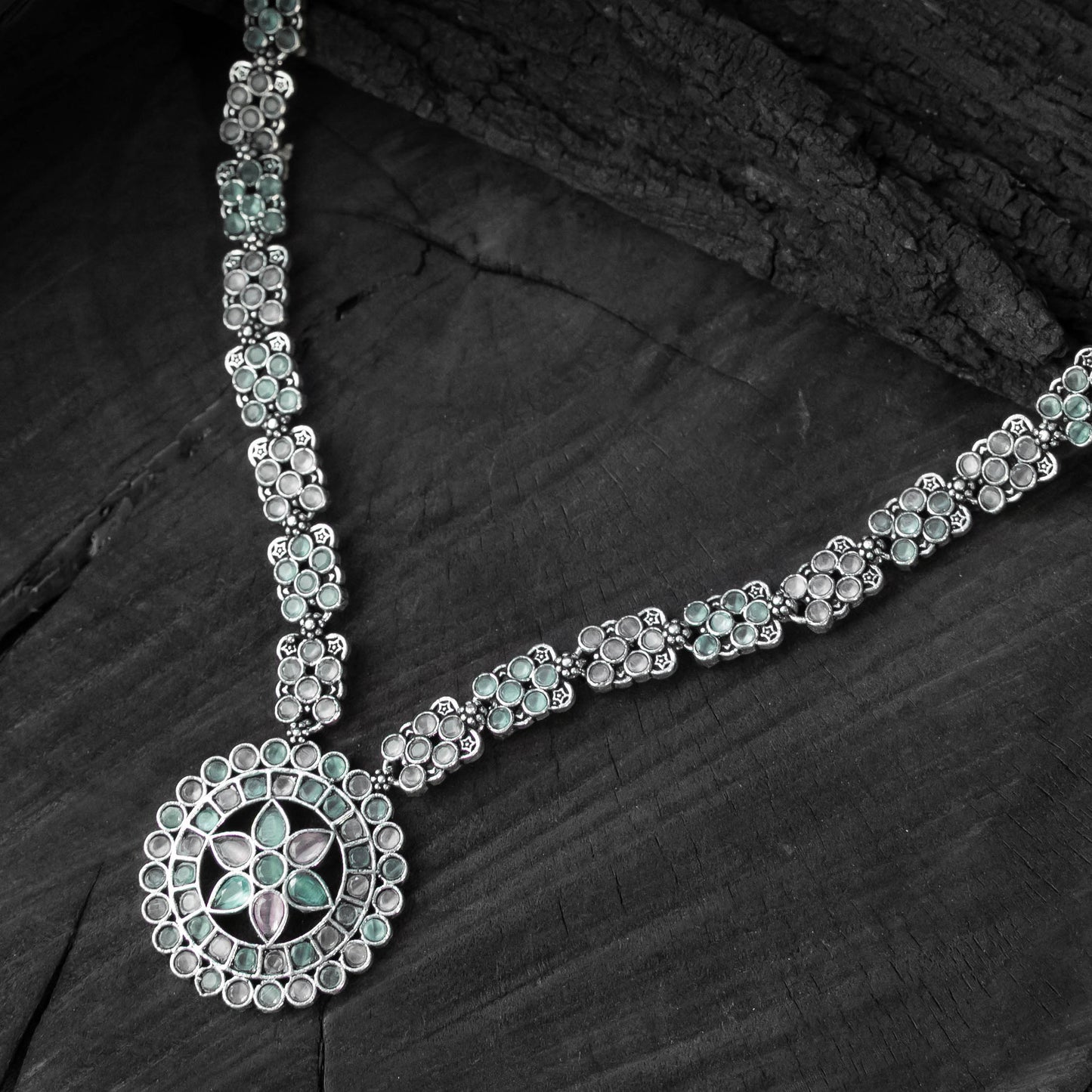 Saanjh Bela Green & Pink Lotus Oxidised Necklace Set