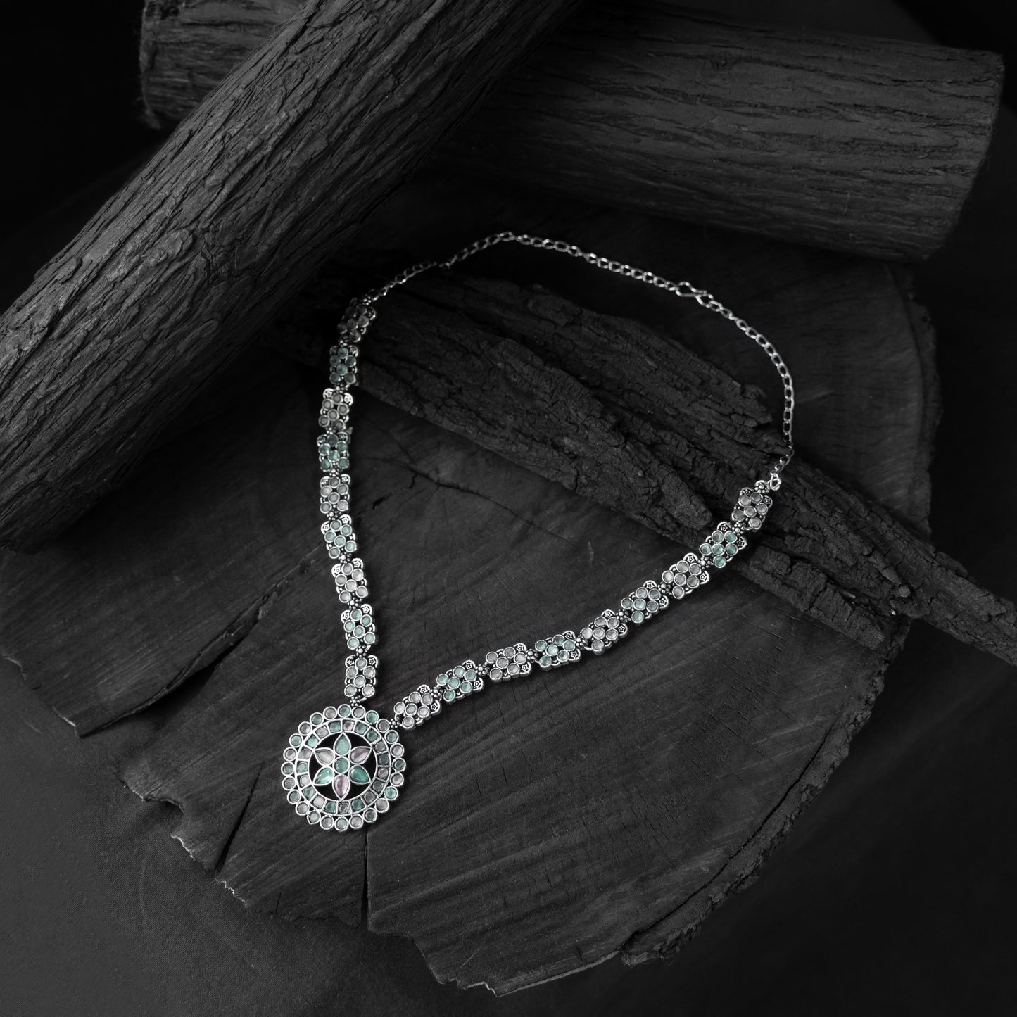 Saanjh Bela Green & Pink Lotus Oxidised Necklace Set