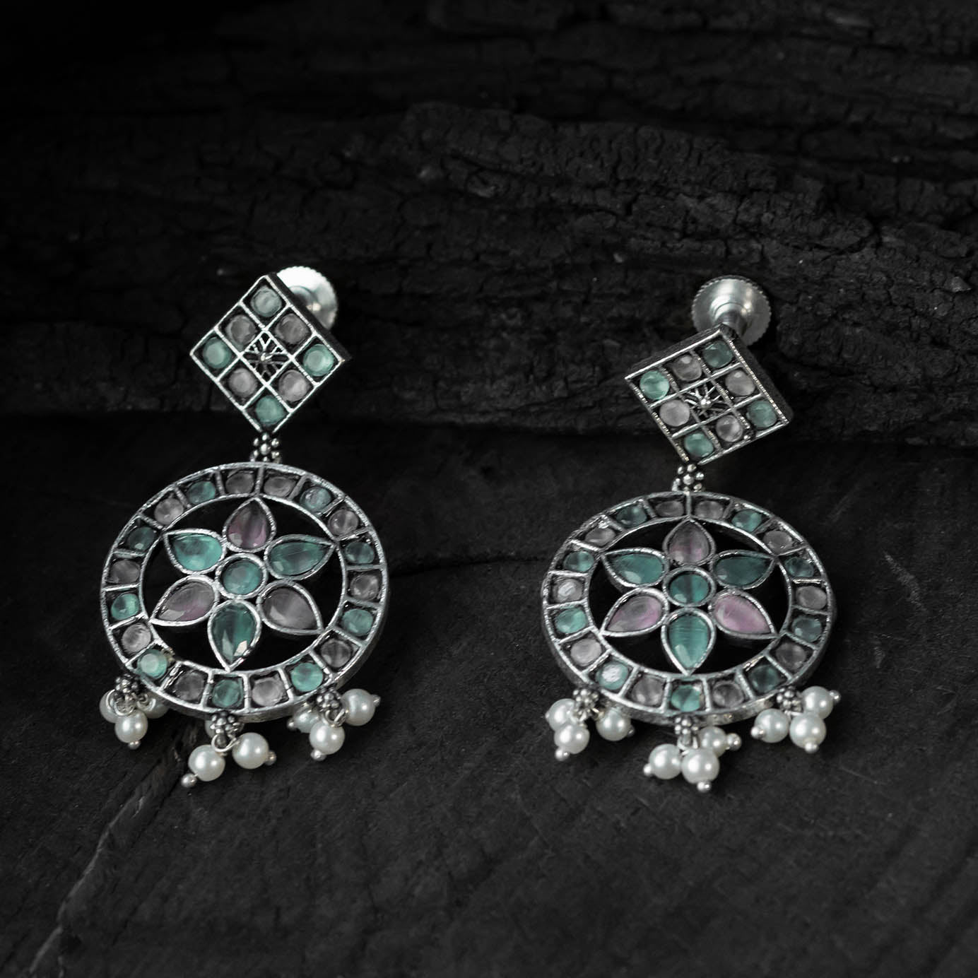 Saanjh Bela Green & Pink Lotus Oxidised Necklace Set