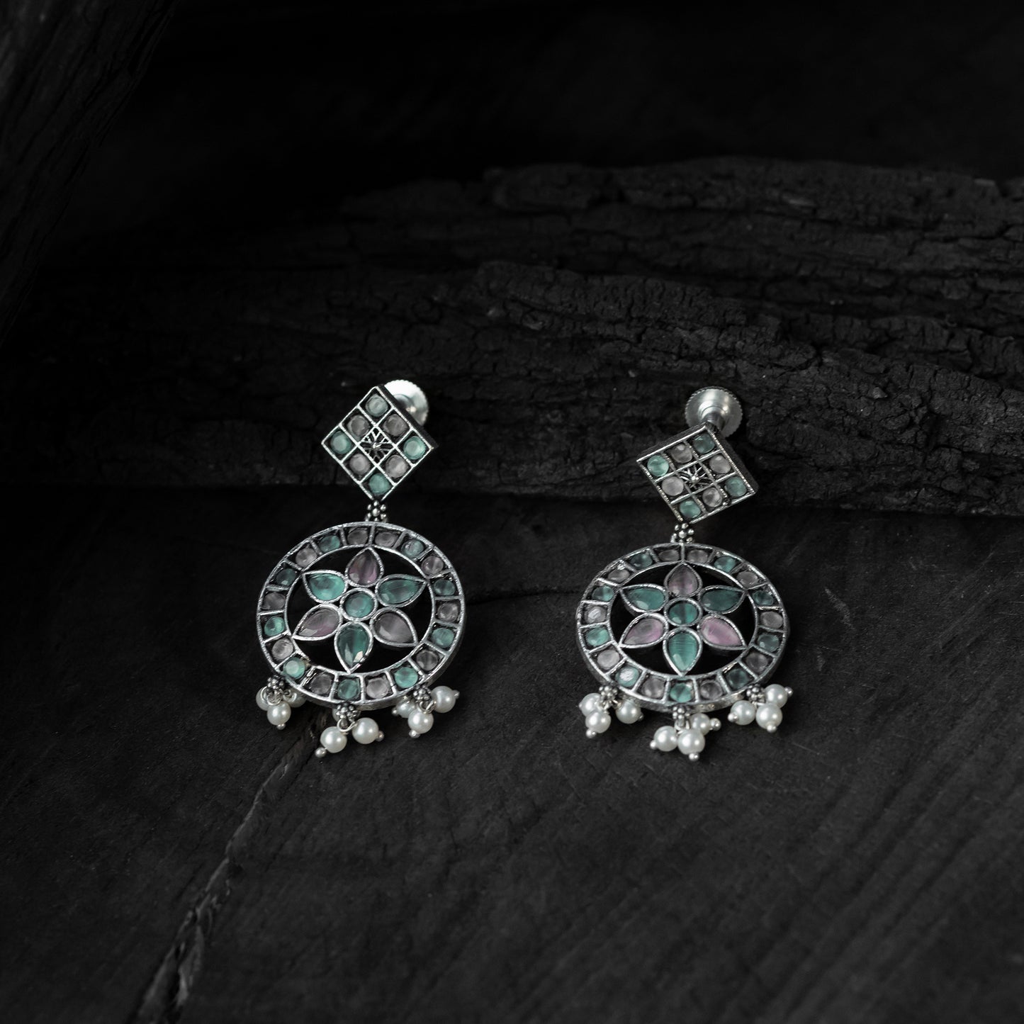 Saanjh Bela Green & Pink Lotus Oxidised Necklace Set