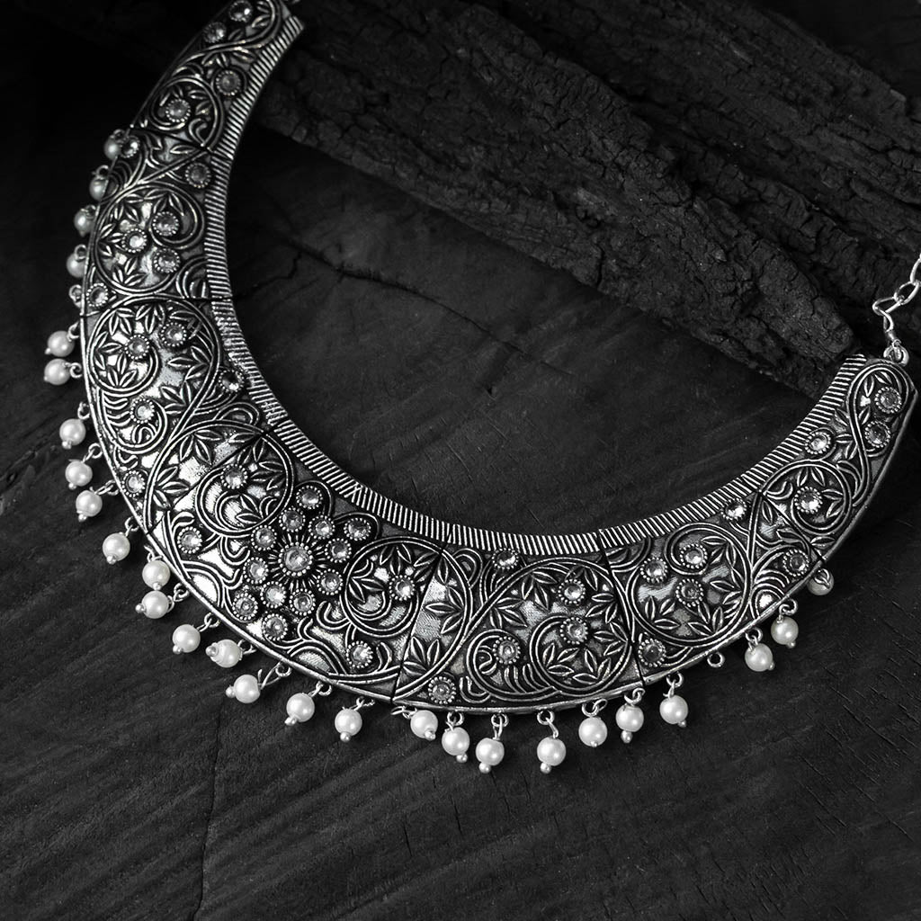 Saanjh Bela Crystal Floral Oxidised Necklace Set
