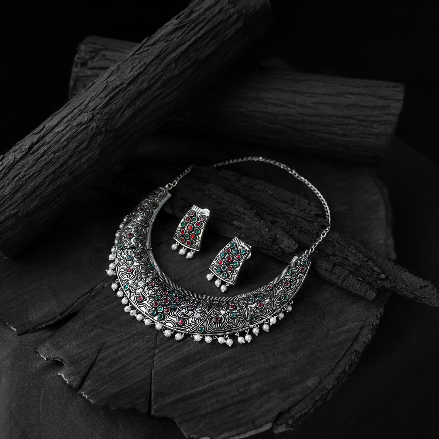 Saanjh Bela Ruby & Green Floral Oxidised Necklace Set