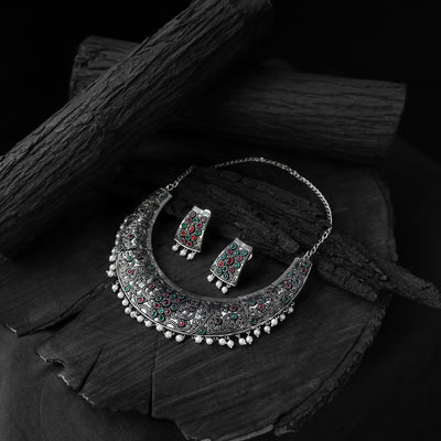 Saanjh Bela Ruby & Green Floral Oxidised Necklace Set