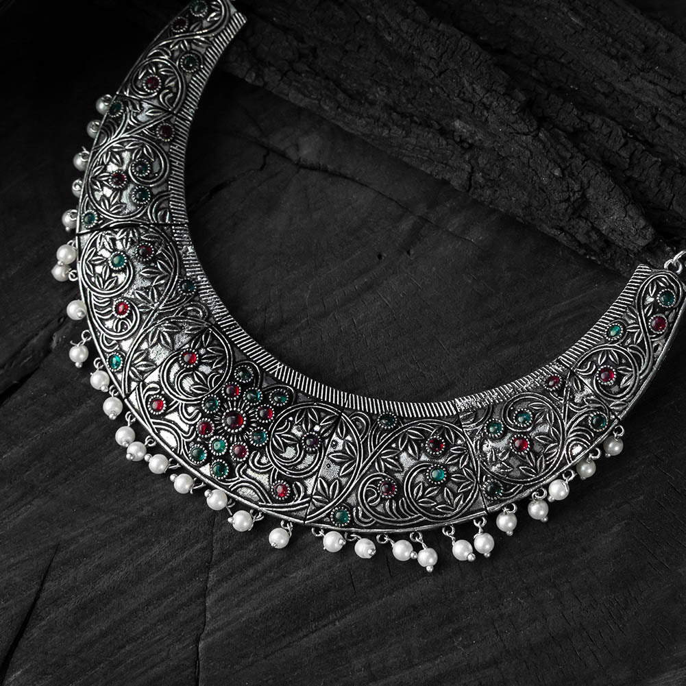 Saanjh Bela Ruby & Green Floral Oxidised Necklace Set