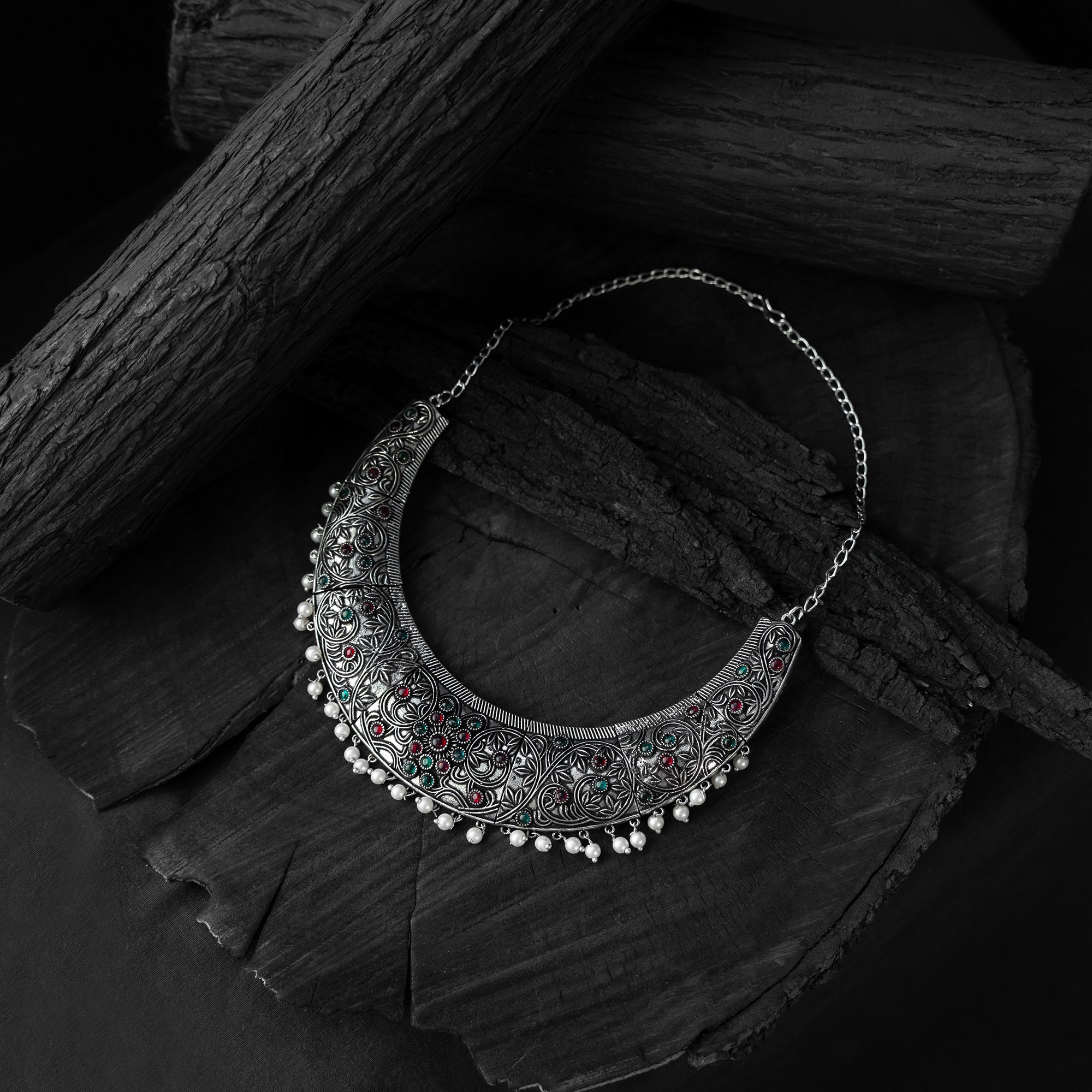 Saanjh Bela Ruby & Green Floral Oxidised Necklace Set