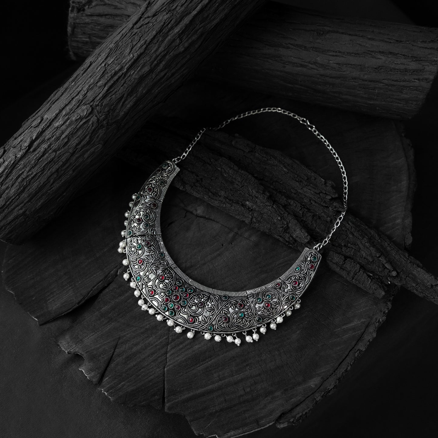 Saanjh Bela Ruby & Green Floral Oxidised Necklace Set