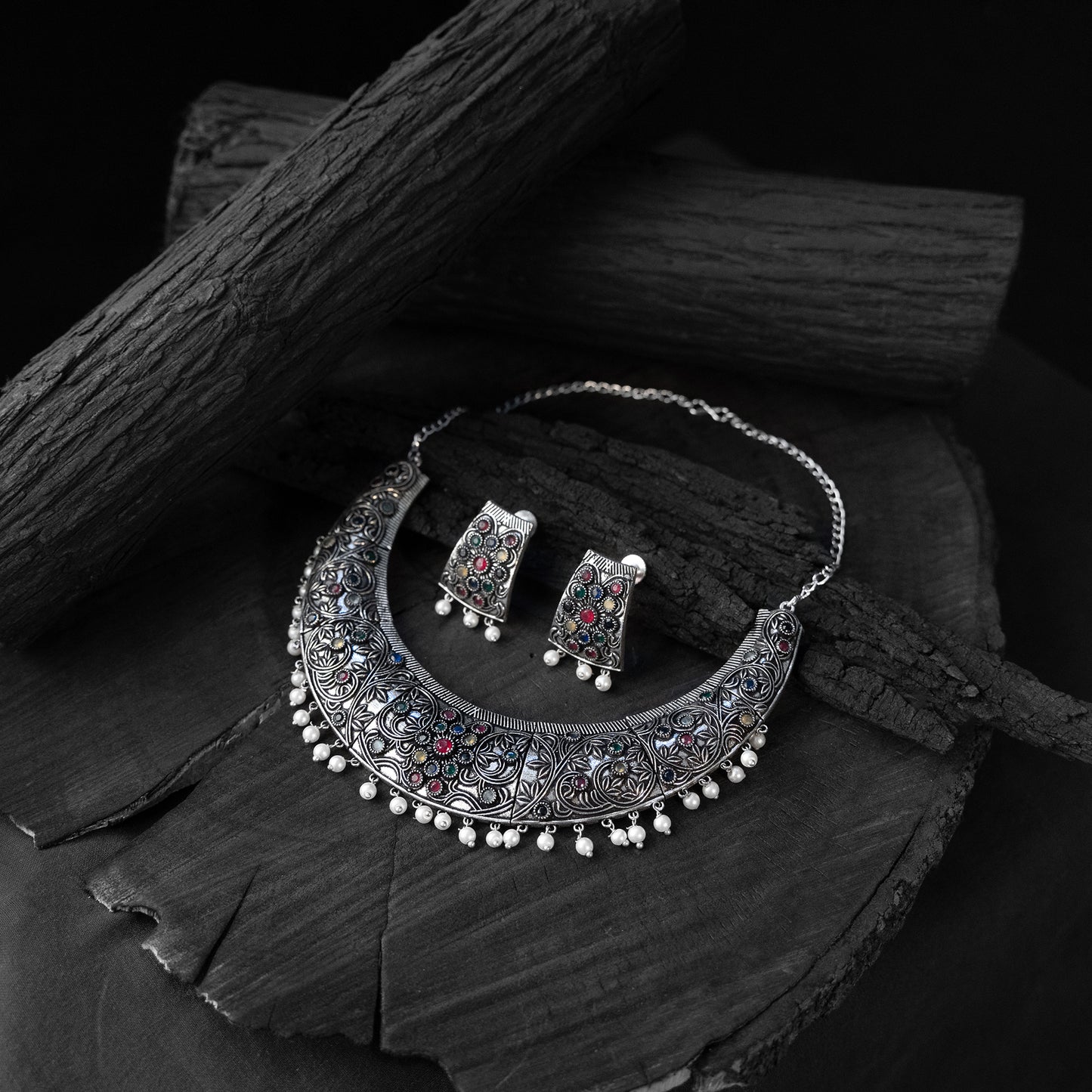 Saanjh Bela Multicolor Floral Oxidised Necklace Set