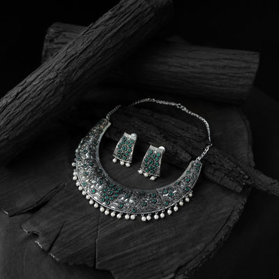 Saanjh Bela Green Floral Oxidised Necklace Set