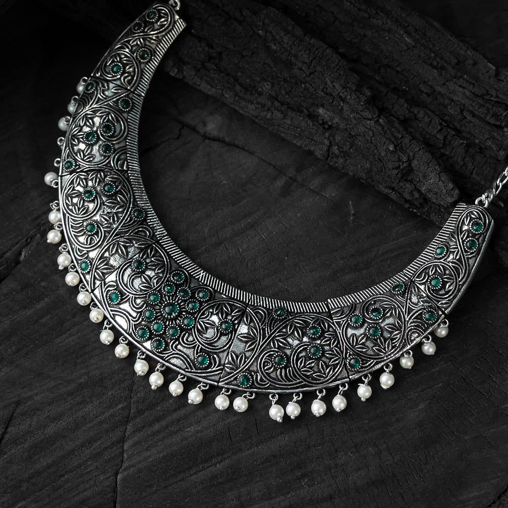 Saanjh Bela Green Floral Oxidised Necklace Set