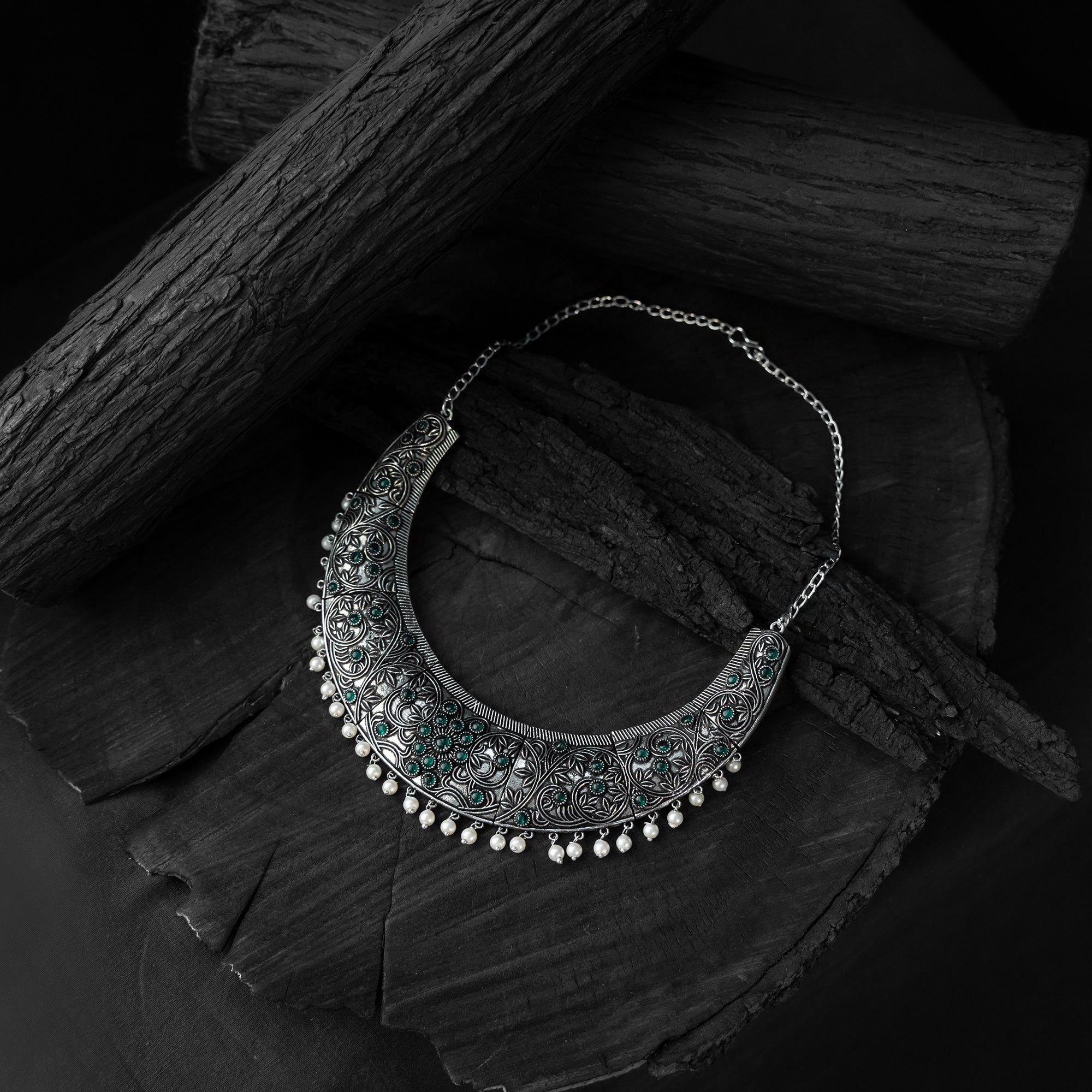 Saanjh Bela Green Floral Oxidised Necklace Set